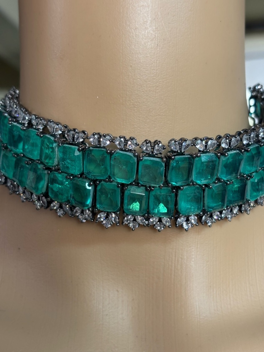 Emerald Green Multi-Row Crystal Choker Necklace - Women Jewelry